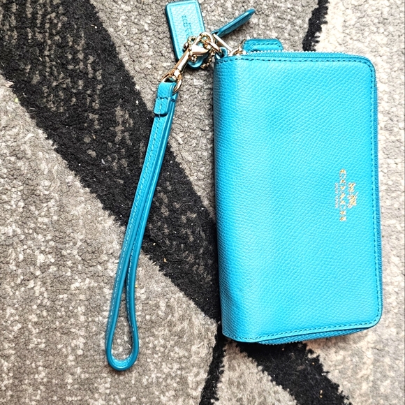 Coach Bags EUC Double Zip Bifold Coin Zip Wallet Detachable Wrist Strap Teal - Picture 6 of 16